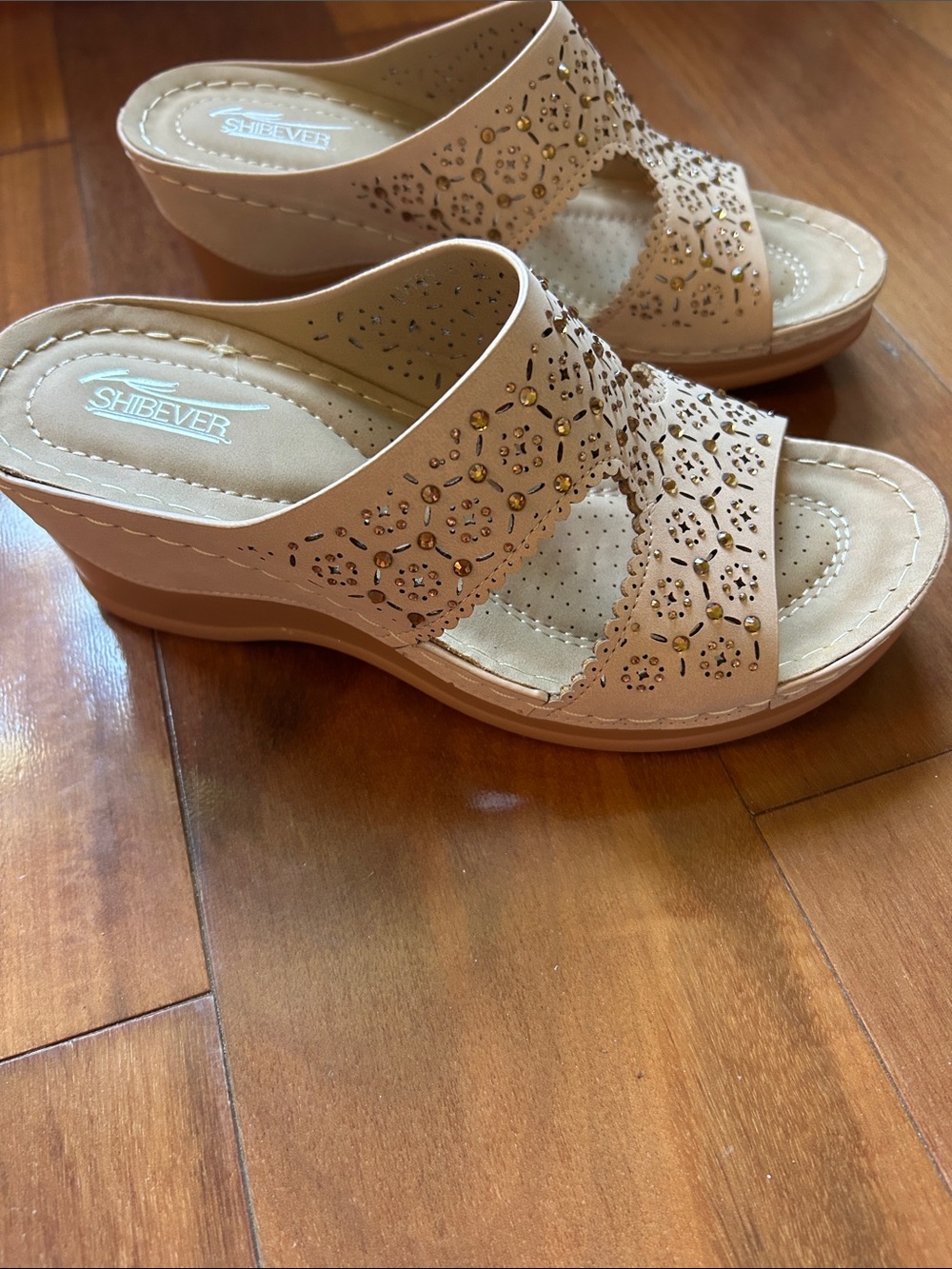 Beige Wedge Slide Sandals with Decorative Studs-never worn.